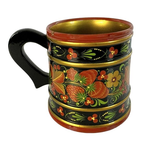Vtg Russian Lacquerware Khokhloma Folk Art Mug Wild Beries Hand-Painted - Picture 2 of 6